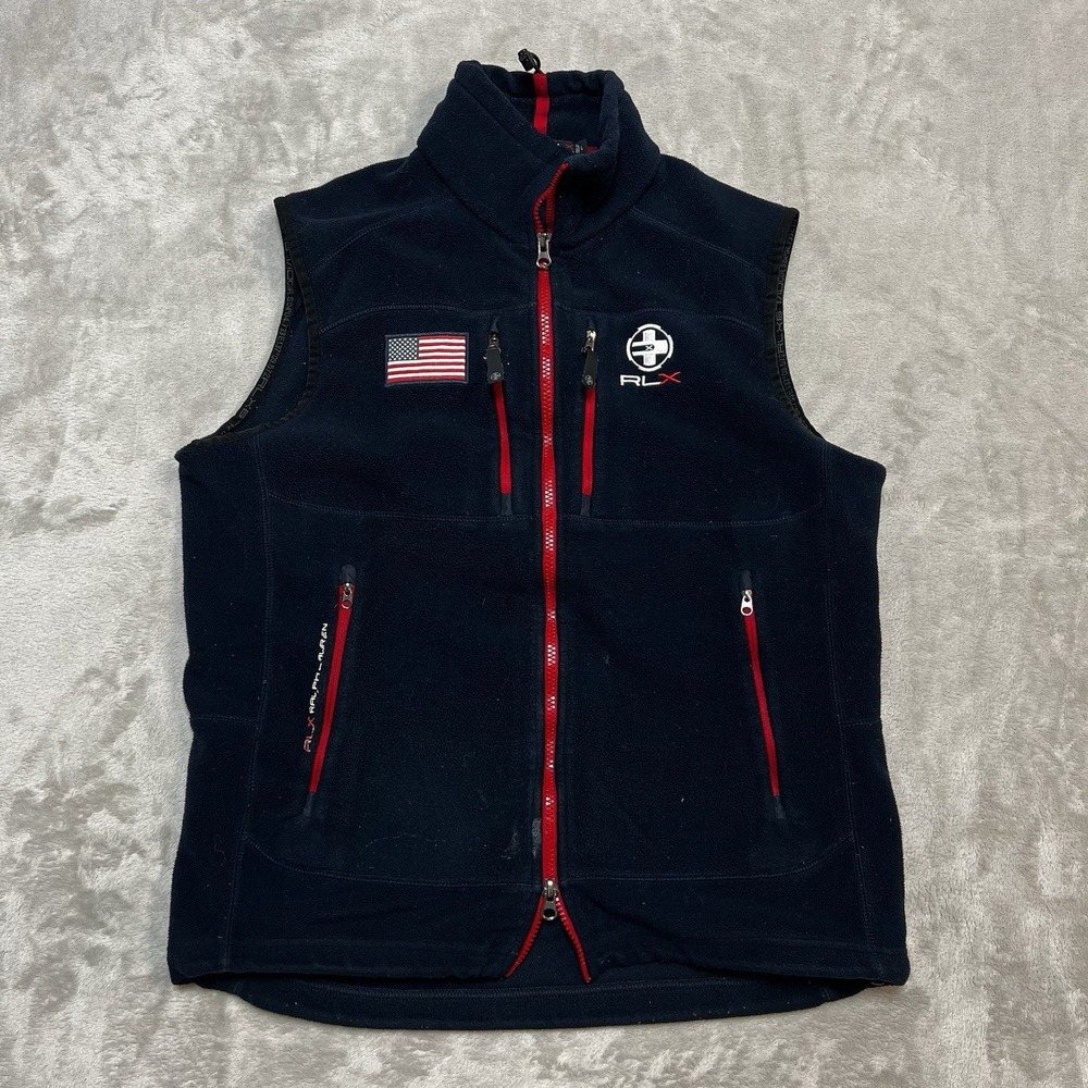 RLX Ralph Lauren Mens Navy Blue Fleece Vest American Flag Logo Size Large